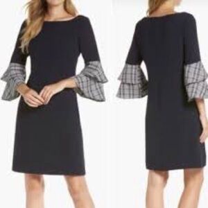 Eliza J Shift Dress Plaid Tiered Bell Sleeve in Navy - NEW - Size 14